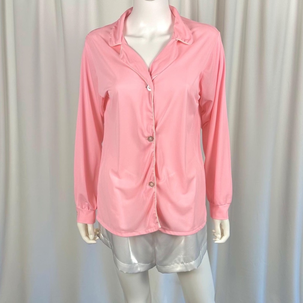 Vintage 50’s Nylon Sleep Dress Shirt in Bubblegum Pink - Button - Collared - S/M